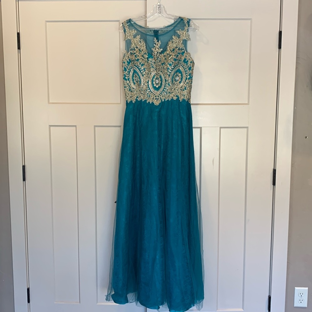 Turquoise and gold prom dress